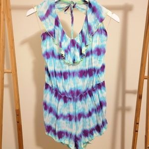 Tie Dye Halter Top Ruffle Romper Swimsuit Cover Up